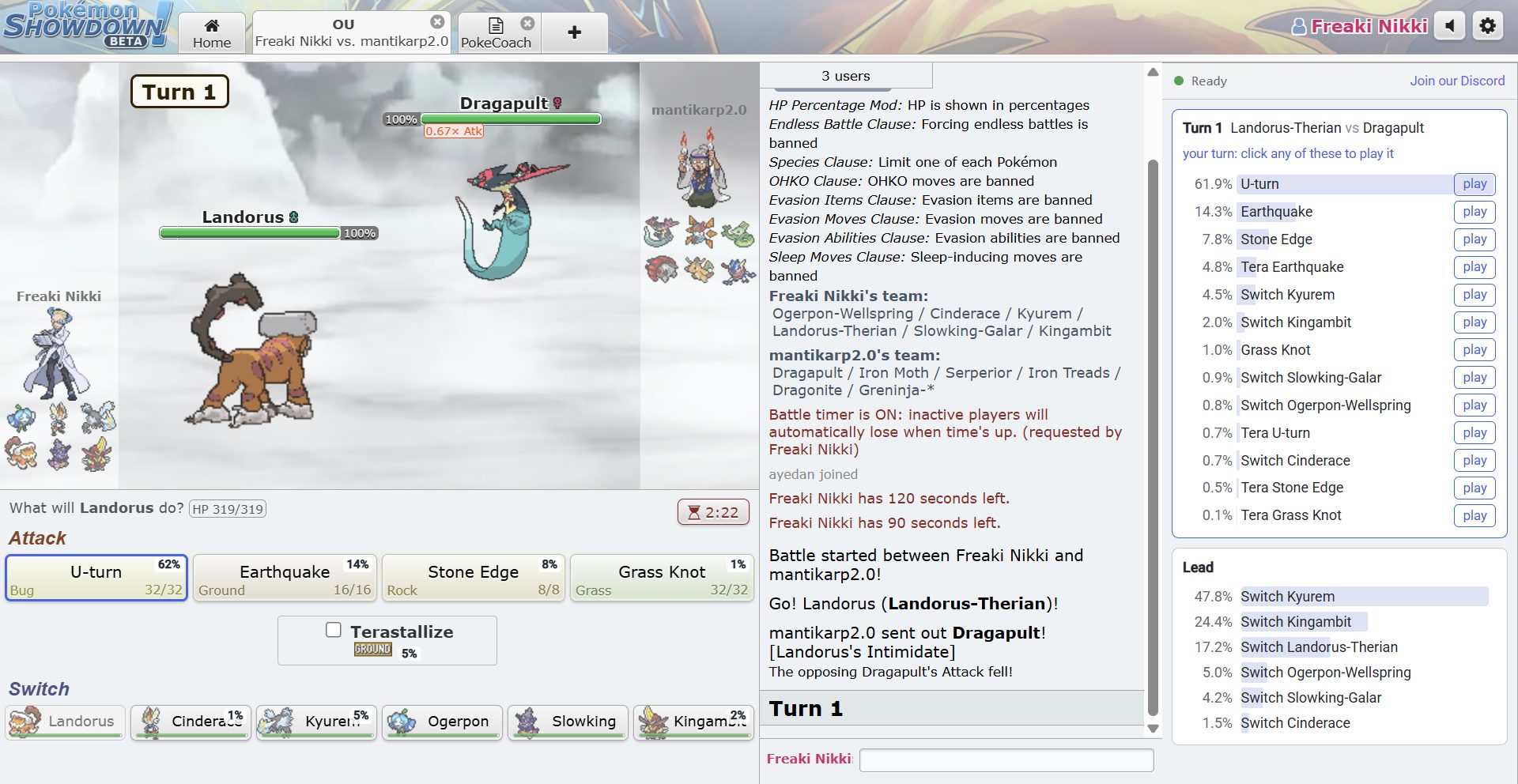 The PokeCoach panel beside a Gen 9 OU battle on turn one, ranking U-turn at 61.9% ahead of Earthquake, Stone Edge and every switch, with a play button on each