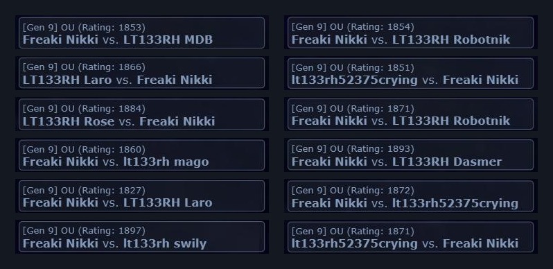 Pokémon Showdown replay list showing consecutive Gen 9 OU games rated 1827 to 1897